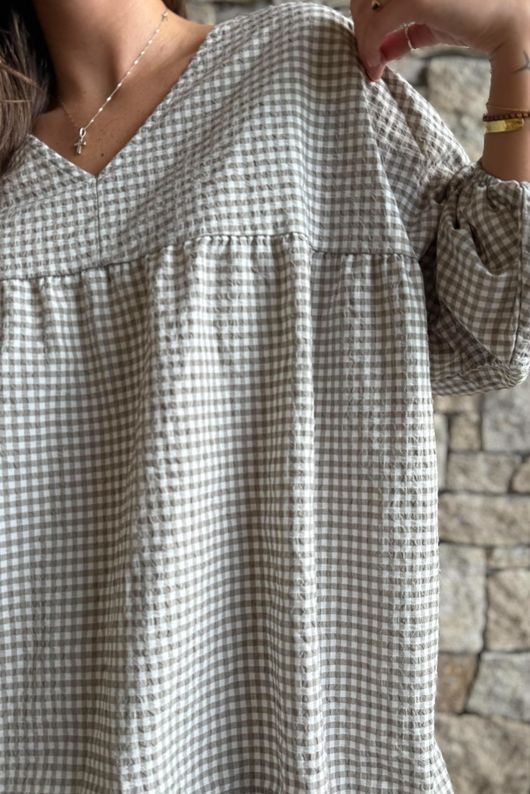 Arbi Gingham Peasant Smock Blouse Mocha